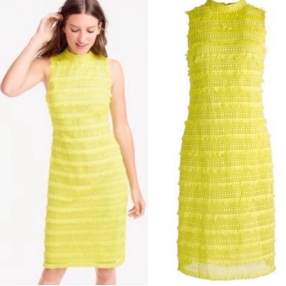 J Crew Vibrant Yellow Textured Fringe - Crochet Midi Dress NWOT